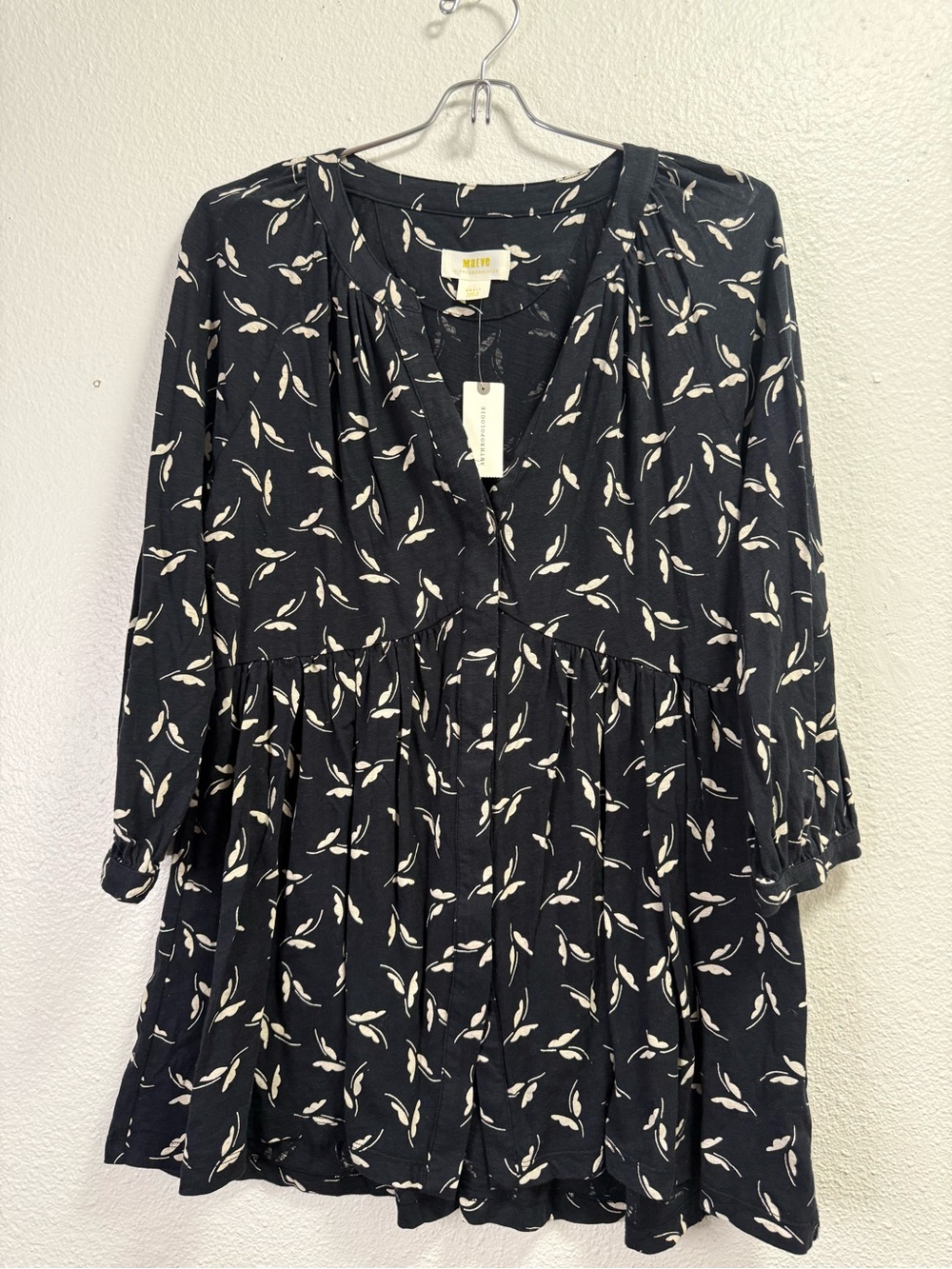 Anthropologie Maeve Winona women size  S Black Printed Peasant Tunic Blouse - Picture 2 of 7